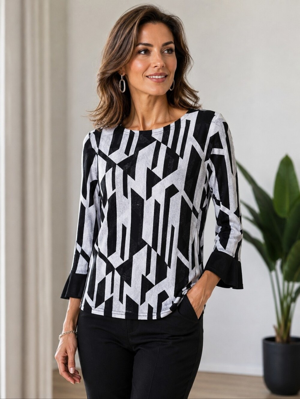Womens Jane Norman Black & White Geometric‎ Long-Sleeve Top Size 14